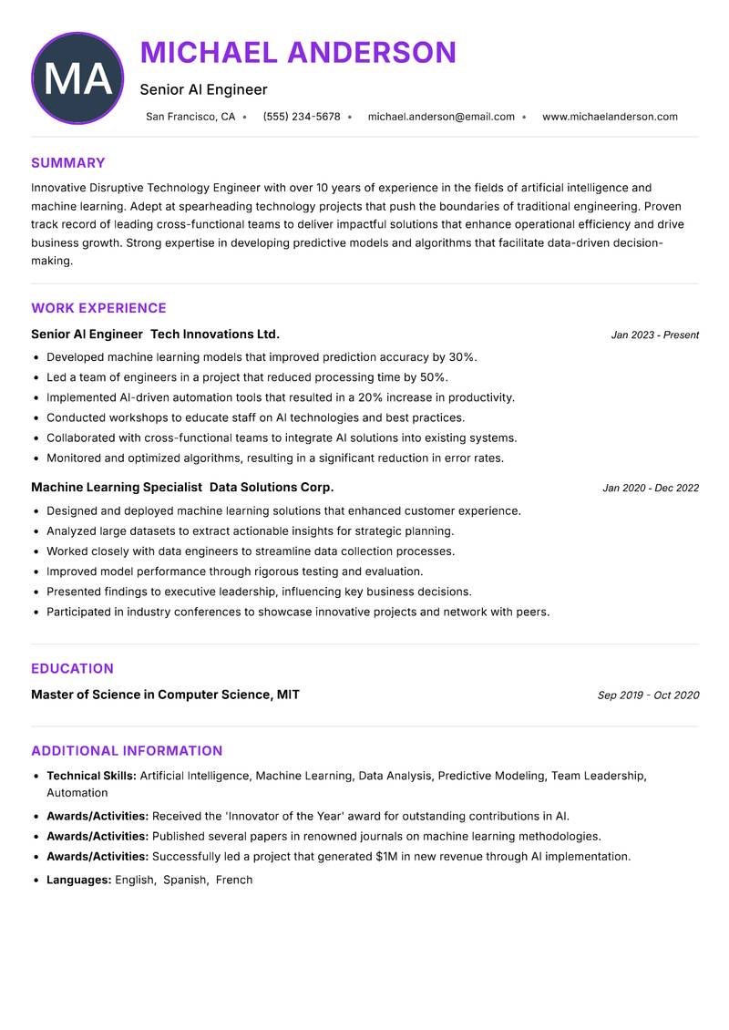 Disruptive Technology Engineer Resume Preview Example