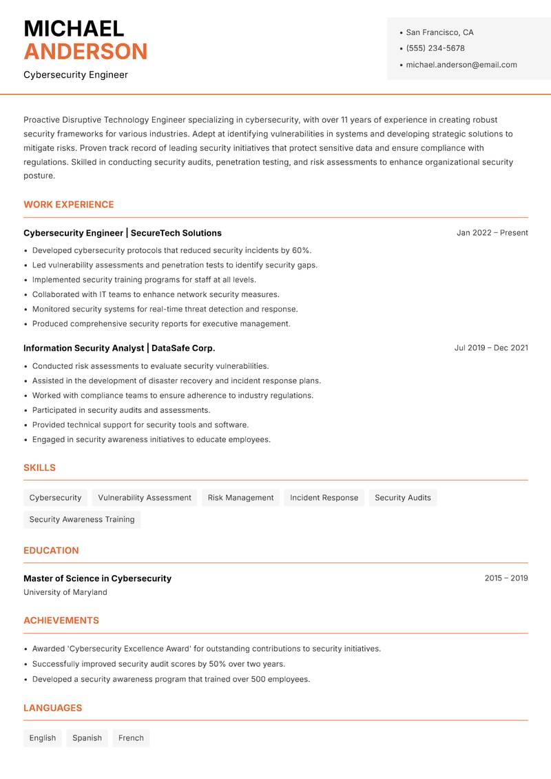 Disruptive Technology Engineer Resume Template