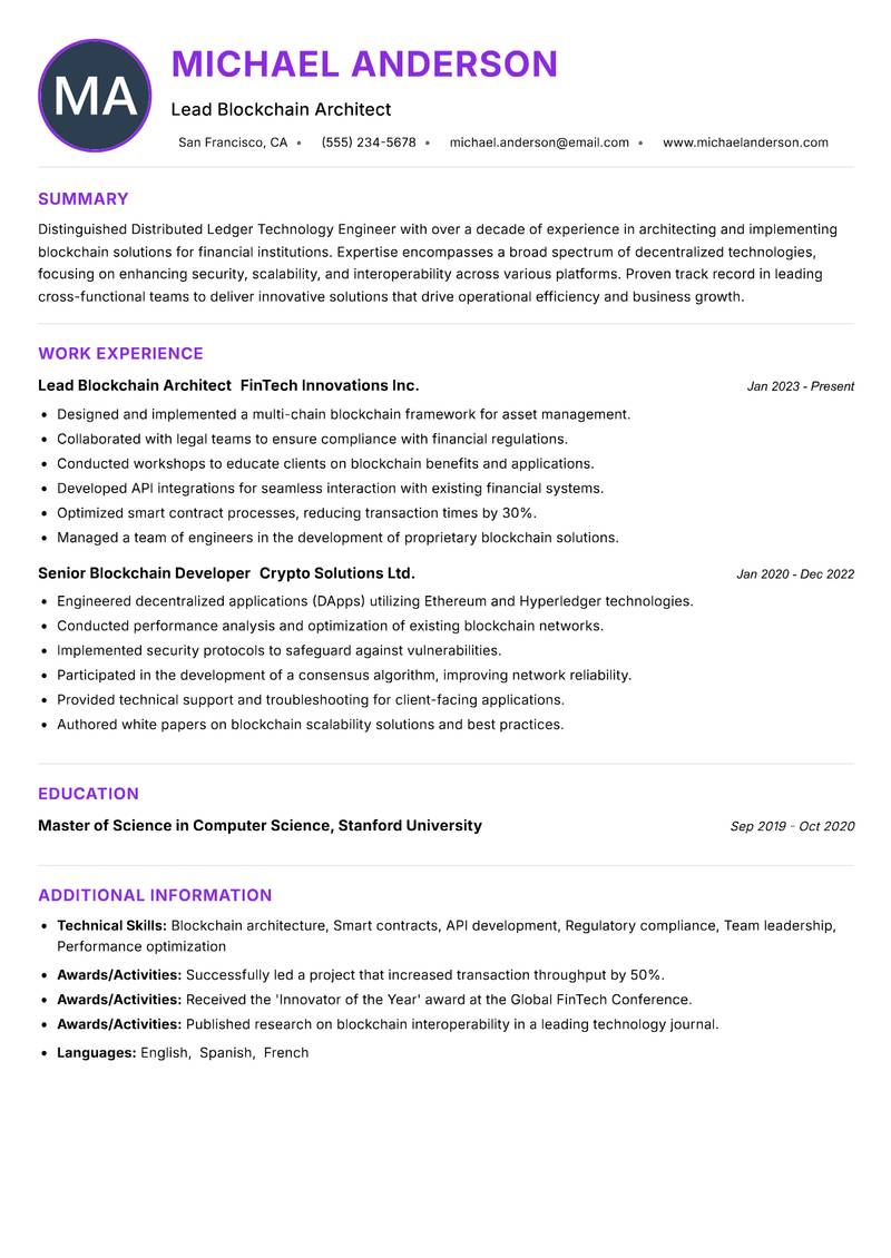 Distributed Ledger Technology Engineer Resume Preview Example