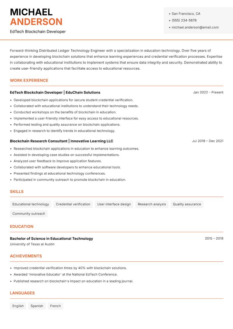 Distributed Ledger Technology Engineer Resume Template