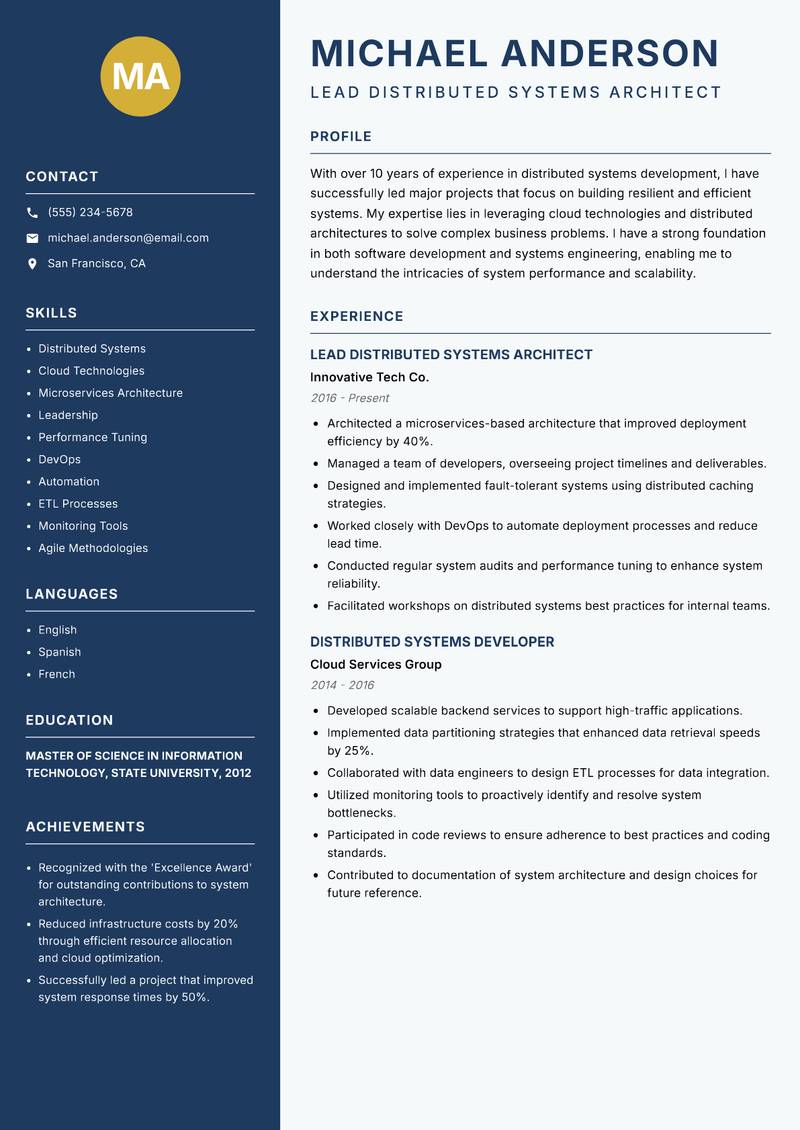 Distributed Systems Developer Resume Preview Example