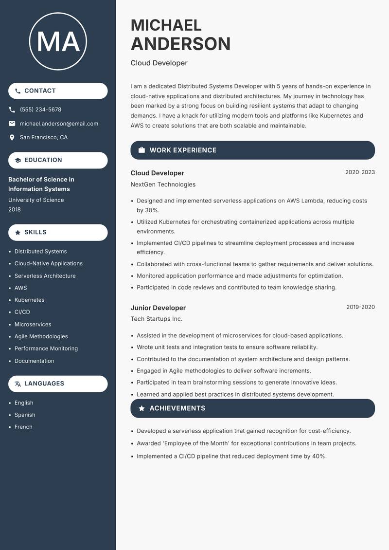 Distributed Systems Developer Resume Preview Example