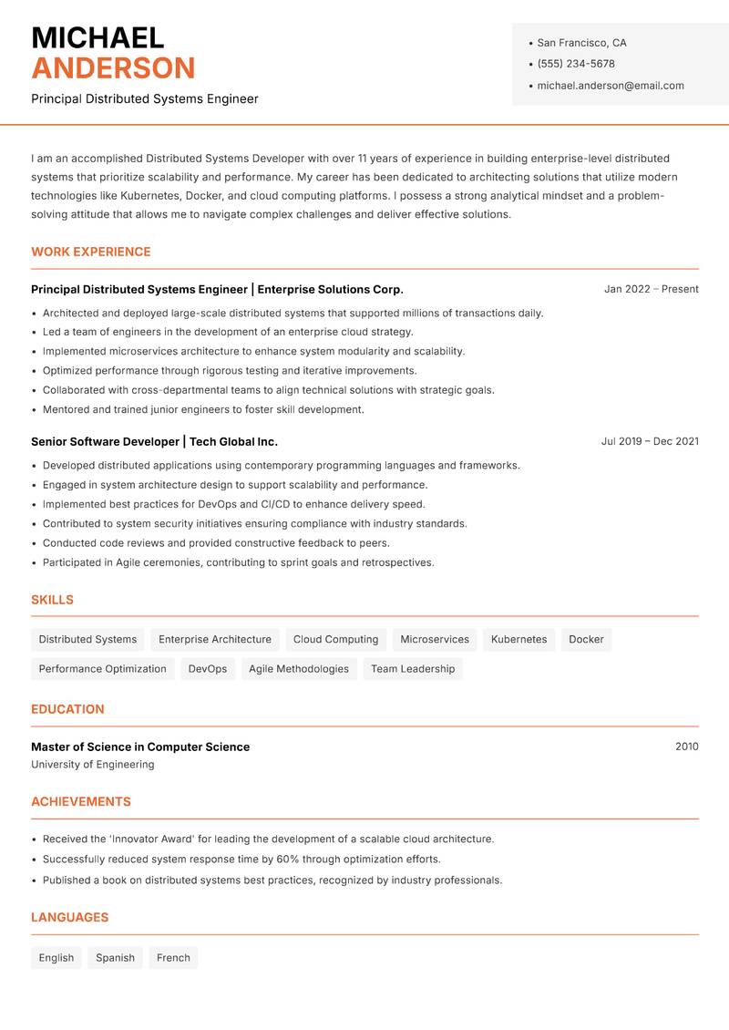 Distributed Systems Developer Resume Template