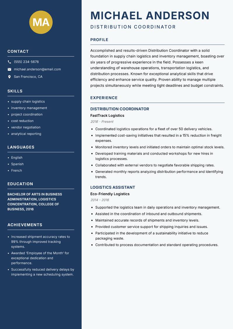 Distribution Coordinator Resume Preview Example