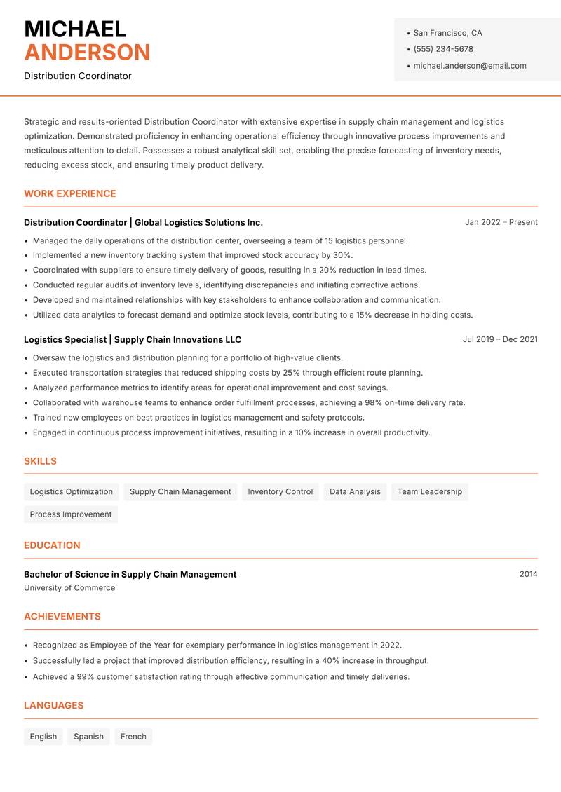 Distribution Coordinator Resume Template