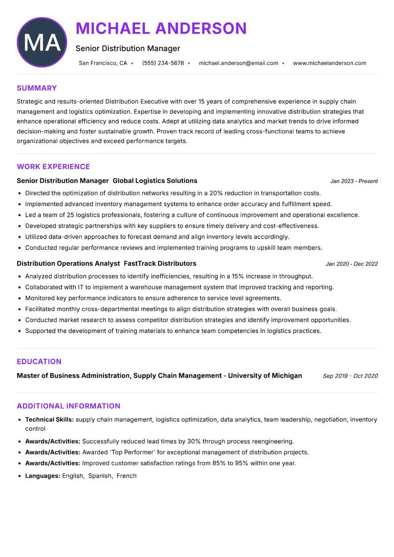 Distribution Executive Resume Preview Example