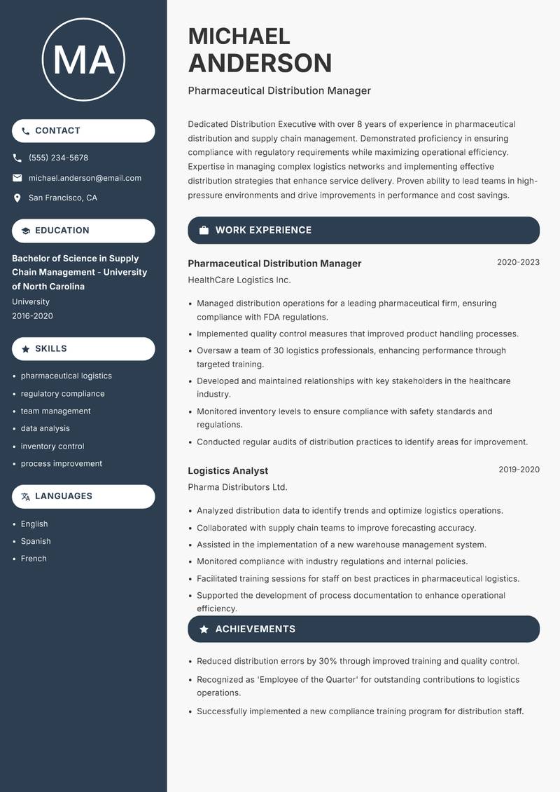 Distribution Executive Resume Preview Example