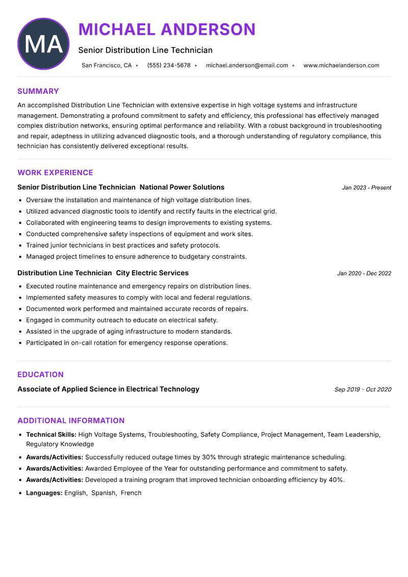 Distribution Line Technician Resume Preview Example
