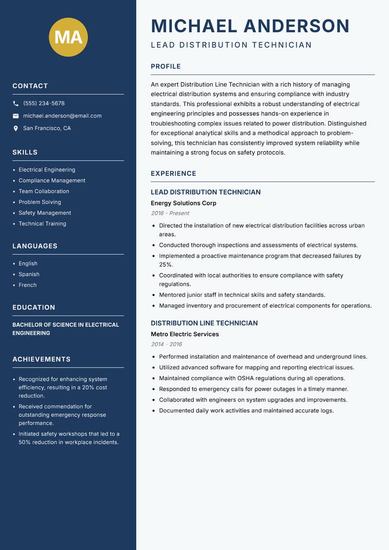 Distribution Line Technician Resume Preview Example