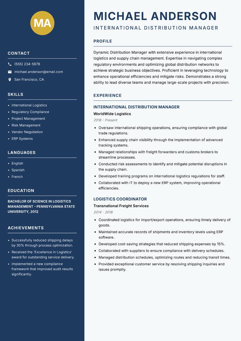 Distribution Manager Resume Preview Example