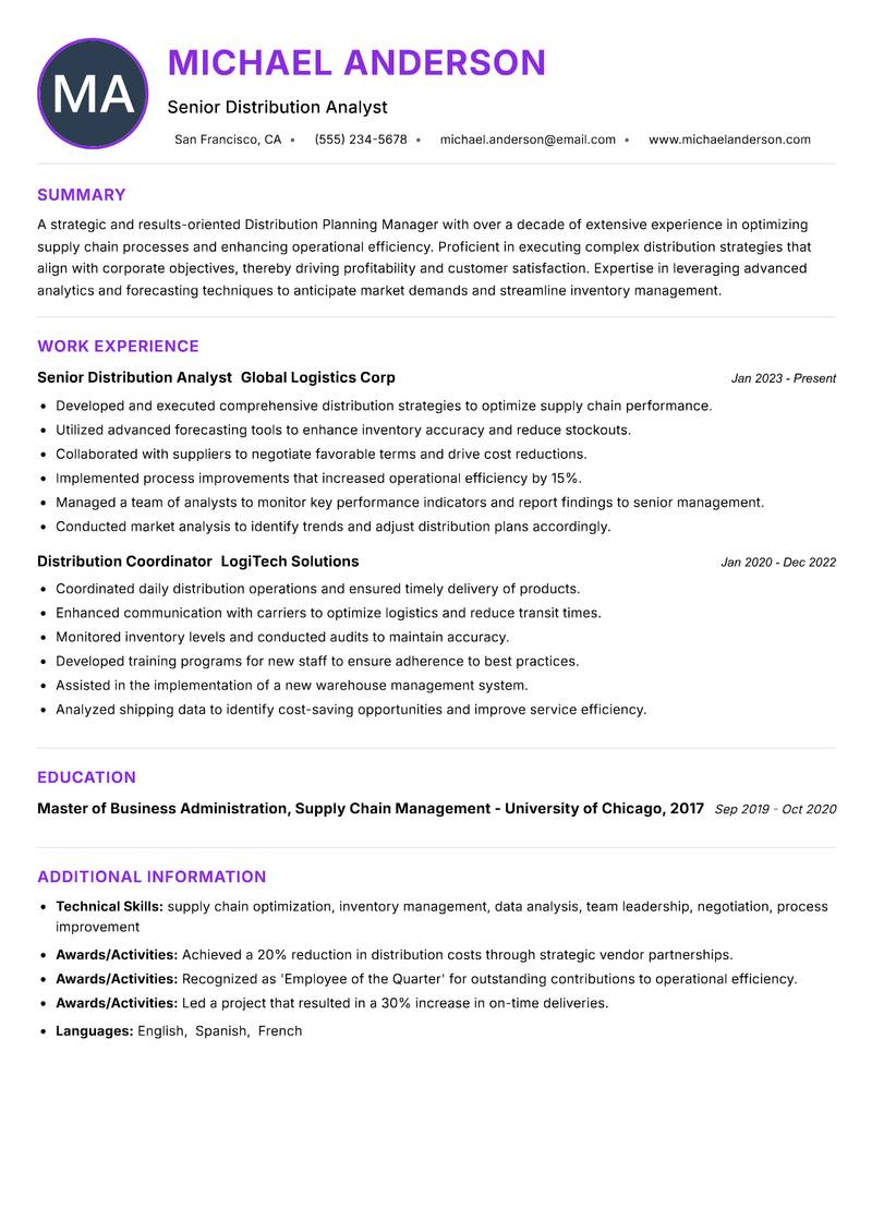 Distribution Planning Manager Resume Preview Example