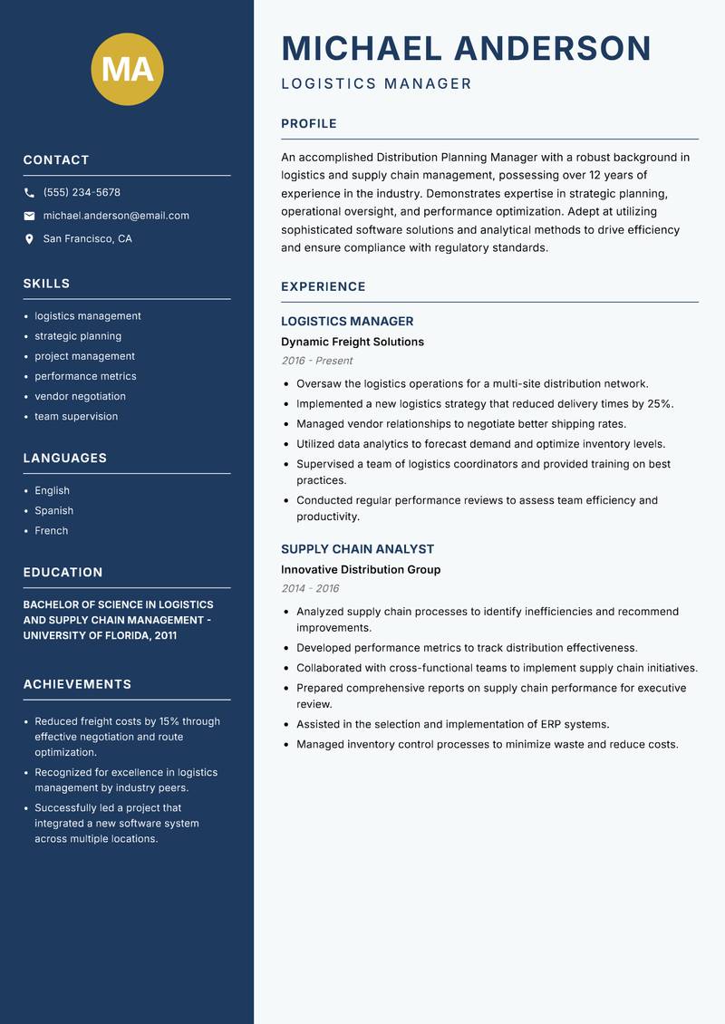 Distribution Planning Manager Resume Preview Example