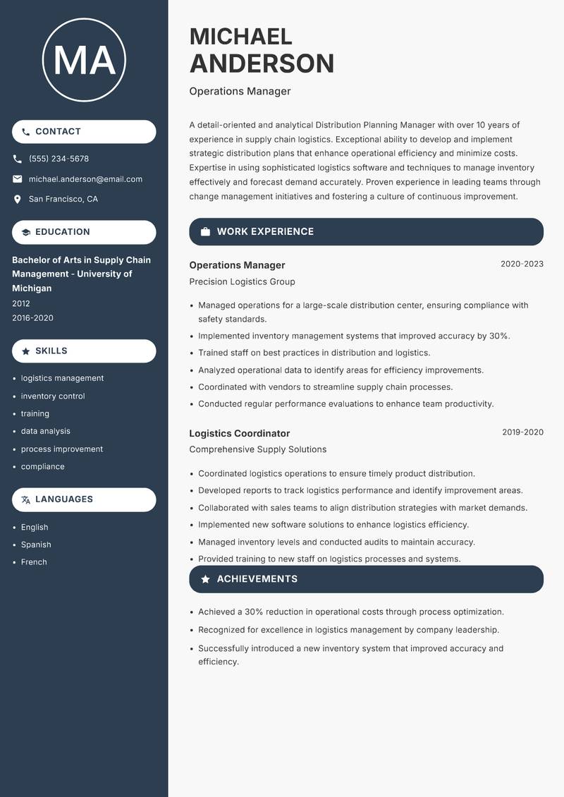Distribution Planning Manager Resume Preview Example