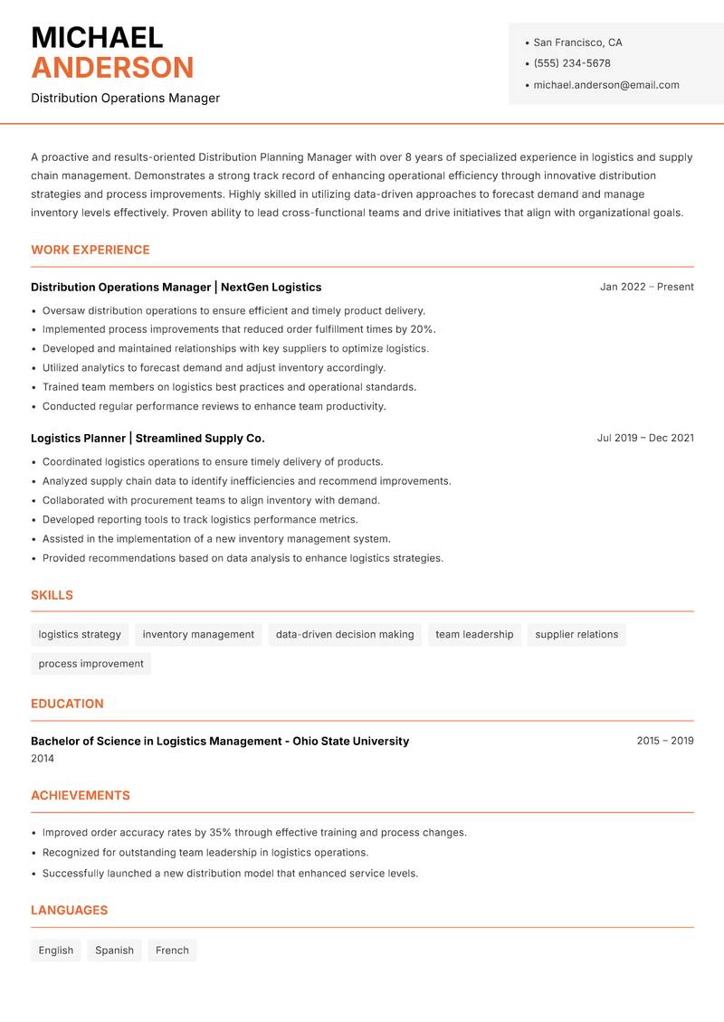 Distribution Planning Manager Resume Template