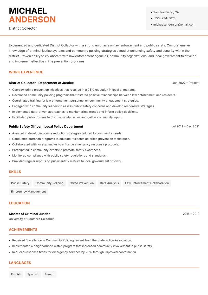 District Collector Resume Template