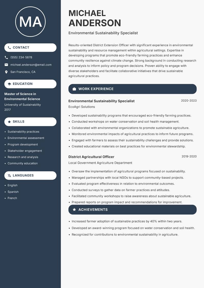 District Extension Officer Resume Preview Example