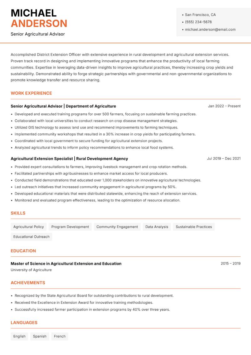 District Extension Officer Resume Template
