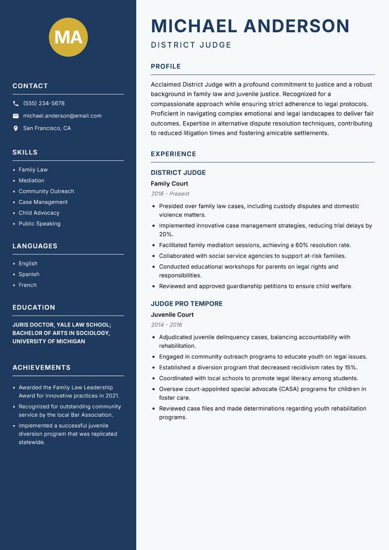 District Judge Resume Preview Example