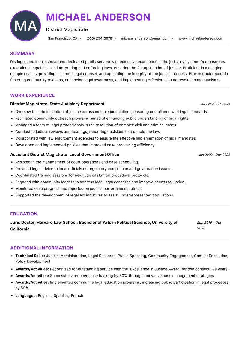 District Magistrate Resume Preview Example