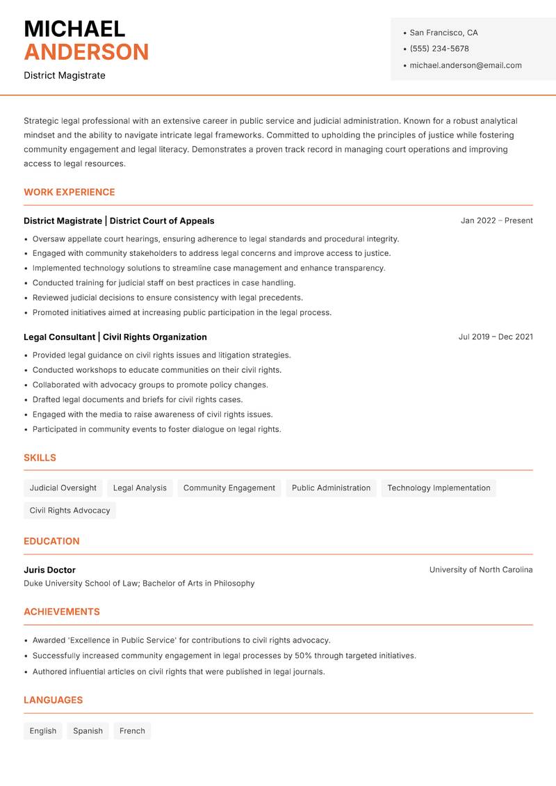 District Magistrate Resume Template