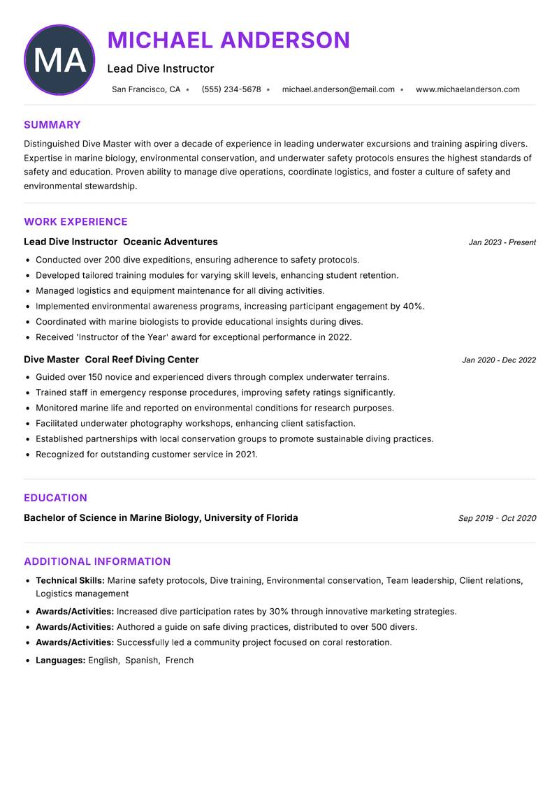 Dive Master Resume Preview Example