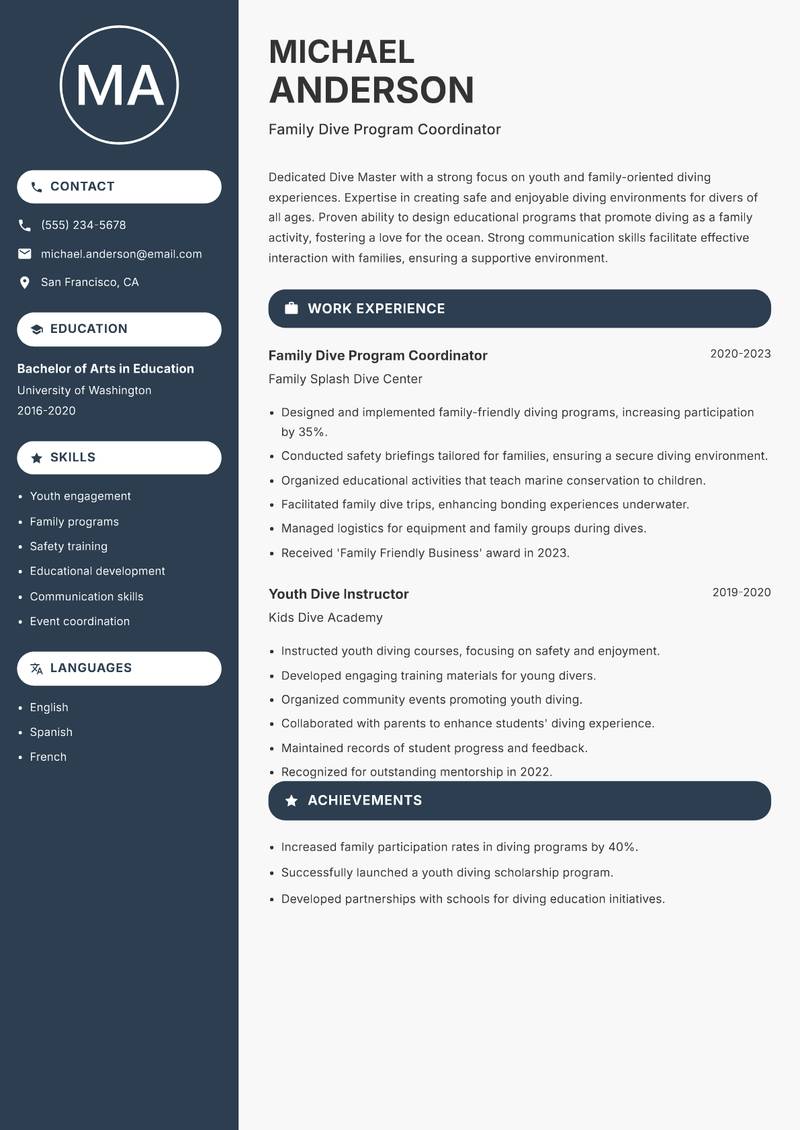 Dive Master Resume Preview Example