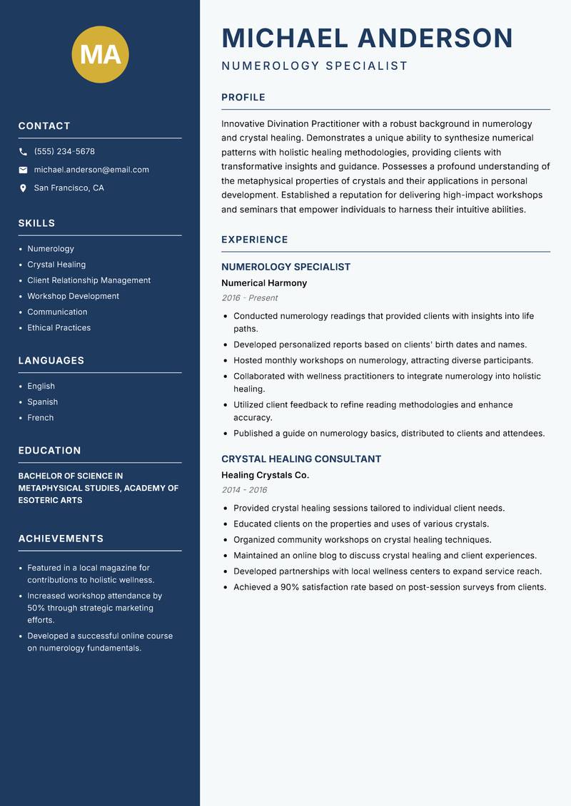 Divination Practitioner Resume Preview Example