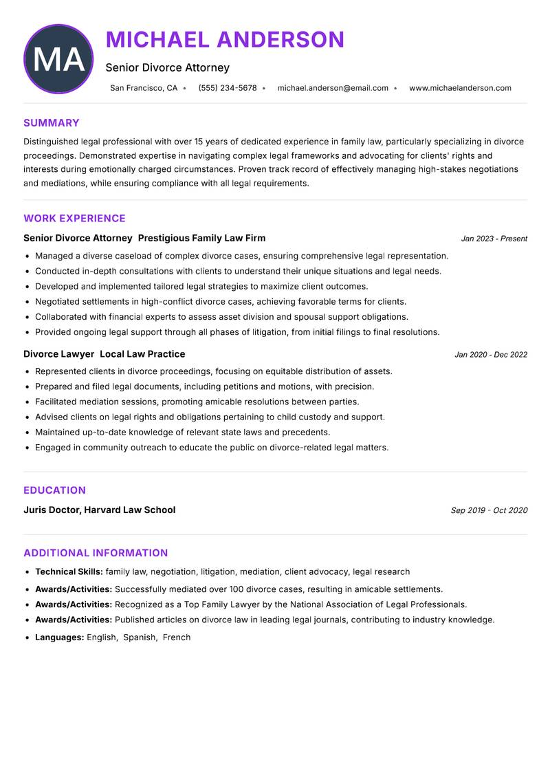 Divorce Lawyer Resume Preview Example