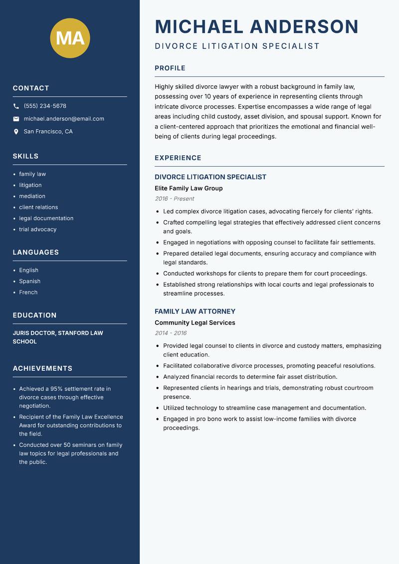 Divorce Lawyer Resume Preview Example