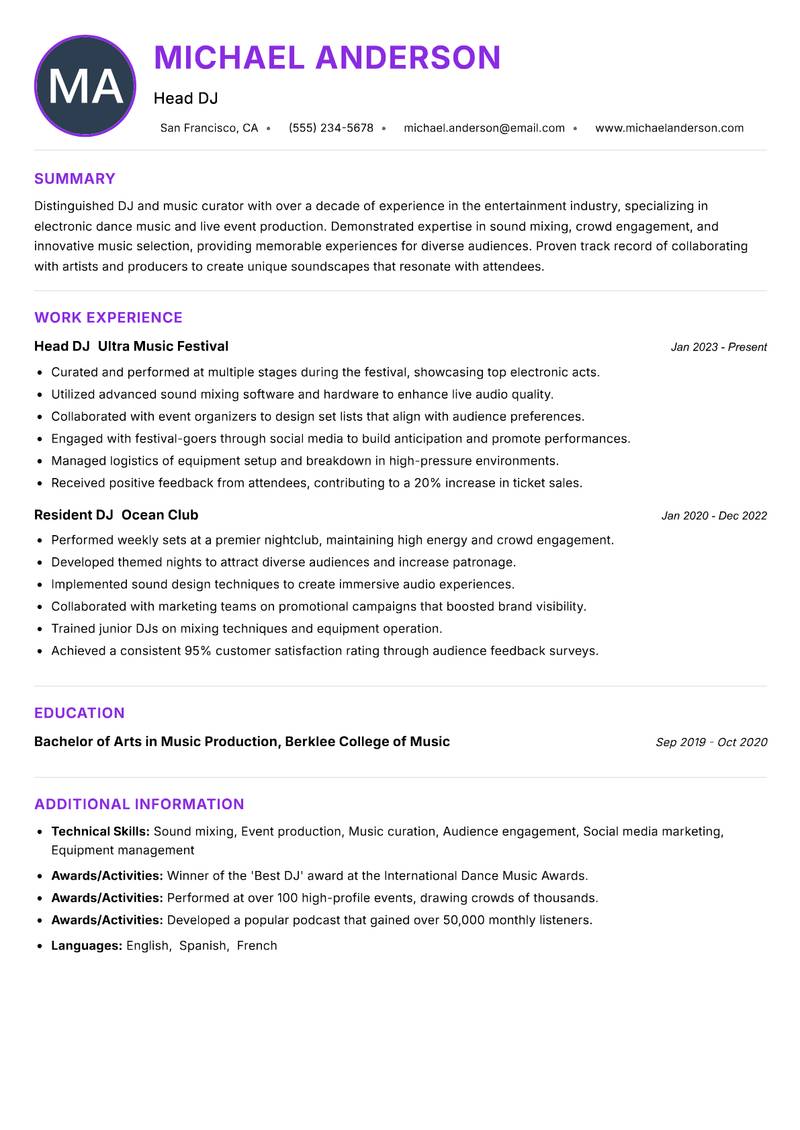 DJ Resume Preview Example