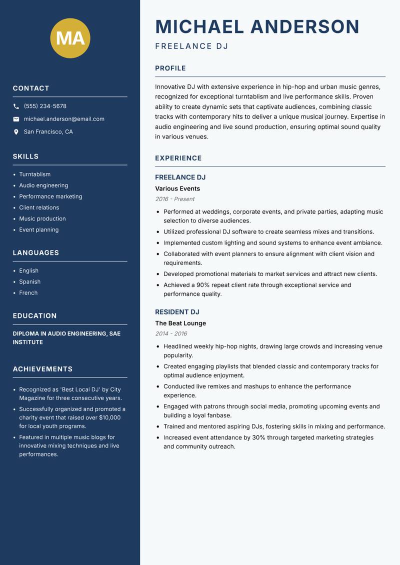 DJ Resume Preview Example