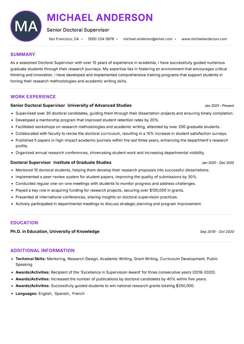 Doctoral Supervisor Resume Preview Example
