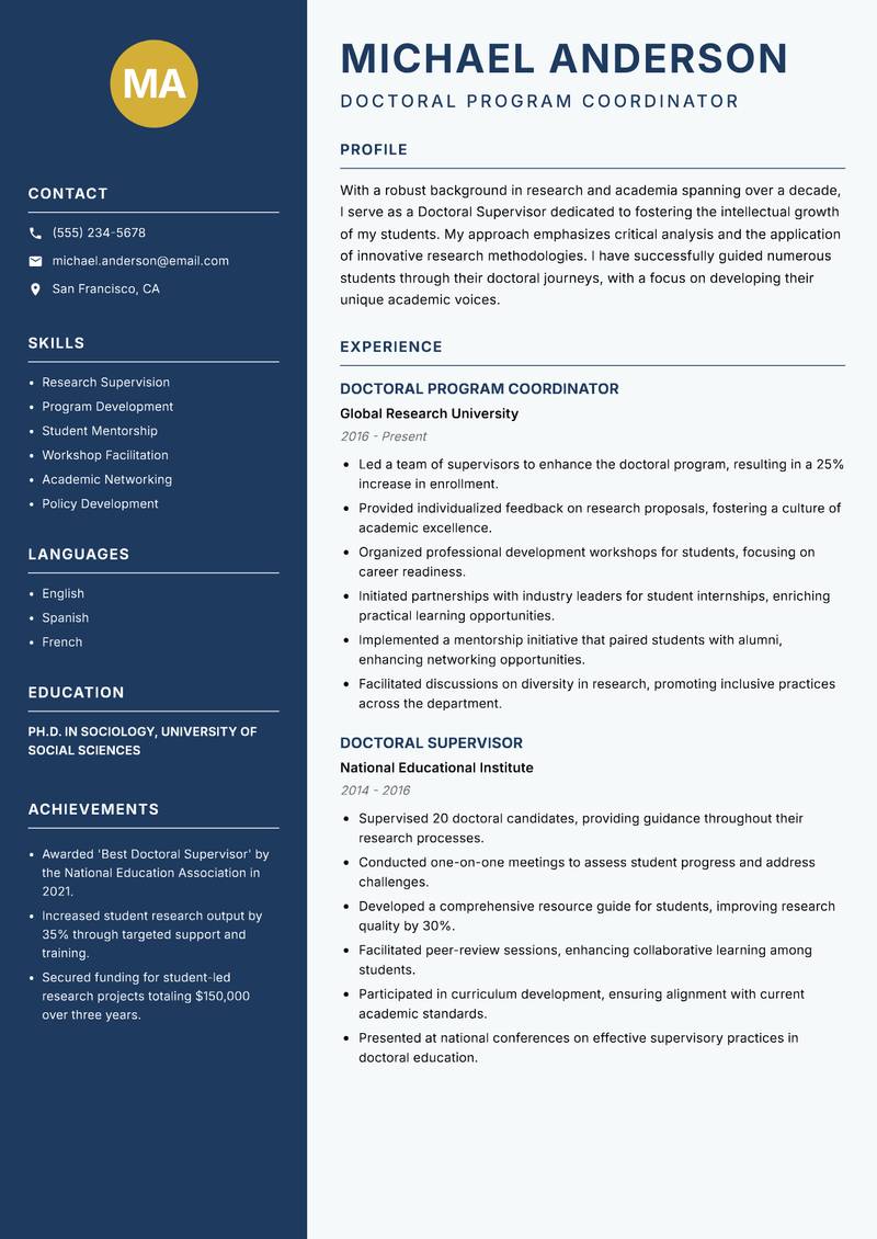 Doctoral Supervisor Resume Preview Example