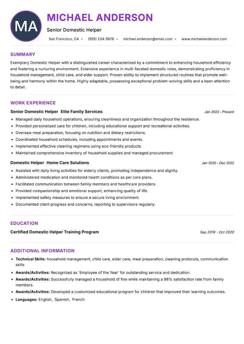 Domestic Helper Resume Preview Example