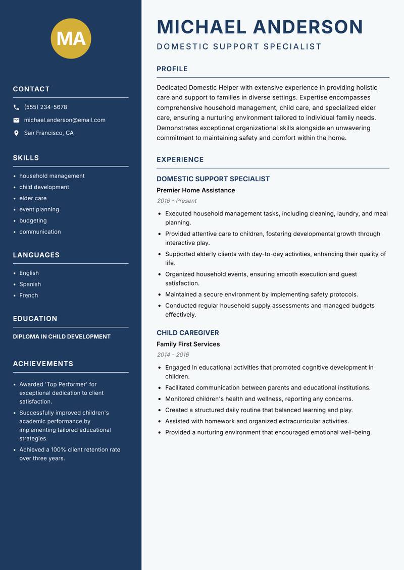 Domestic Helper Resume Preview Example