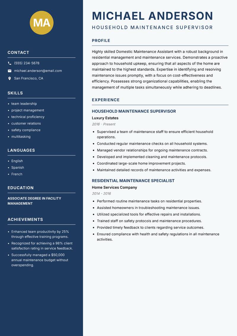Domestic Maintenance Assistant Resume Preview Example