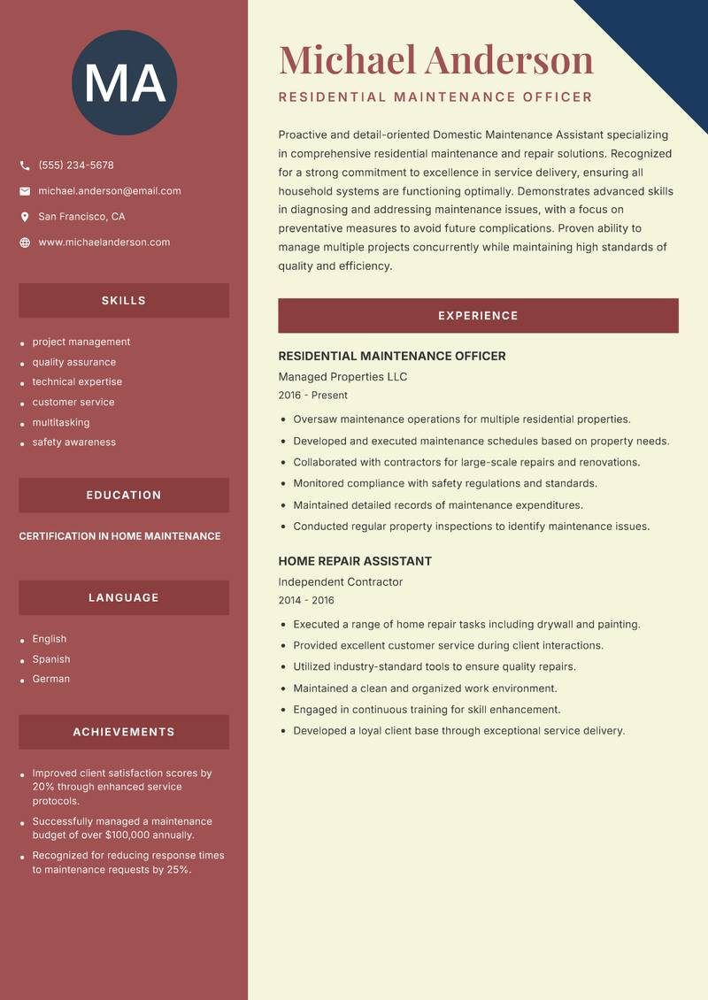 Domestic Maintenance Assistant Resume Preview Example