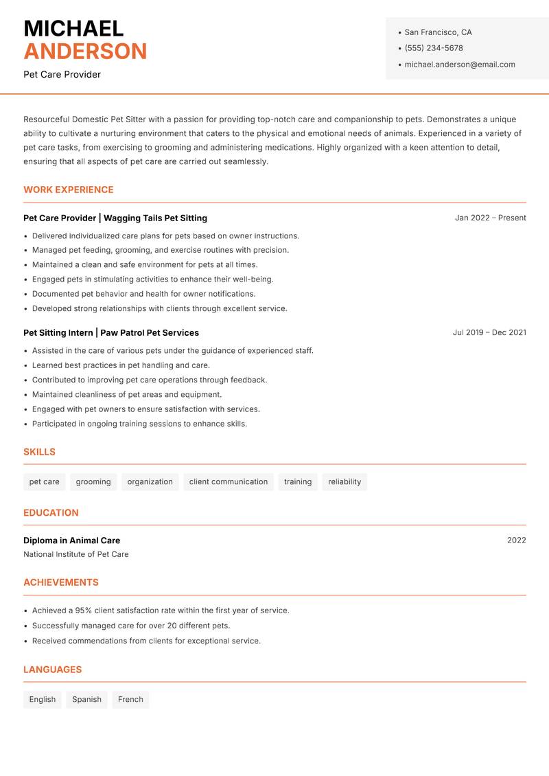 Domestic Pet Sitter Resume Template