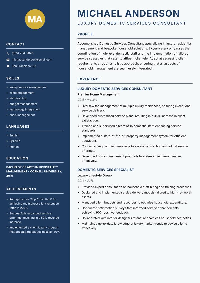 Domestic Services Consultant Resume Preview Example