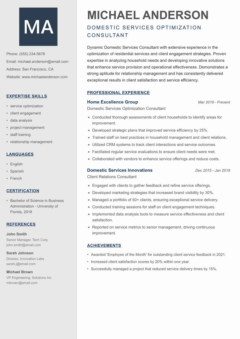Domestic Services Consultant Resume Preview Example