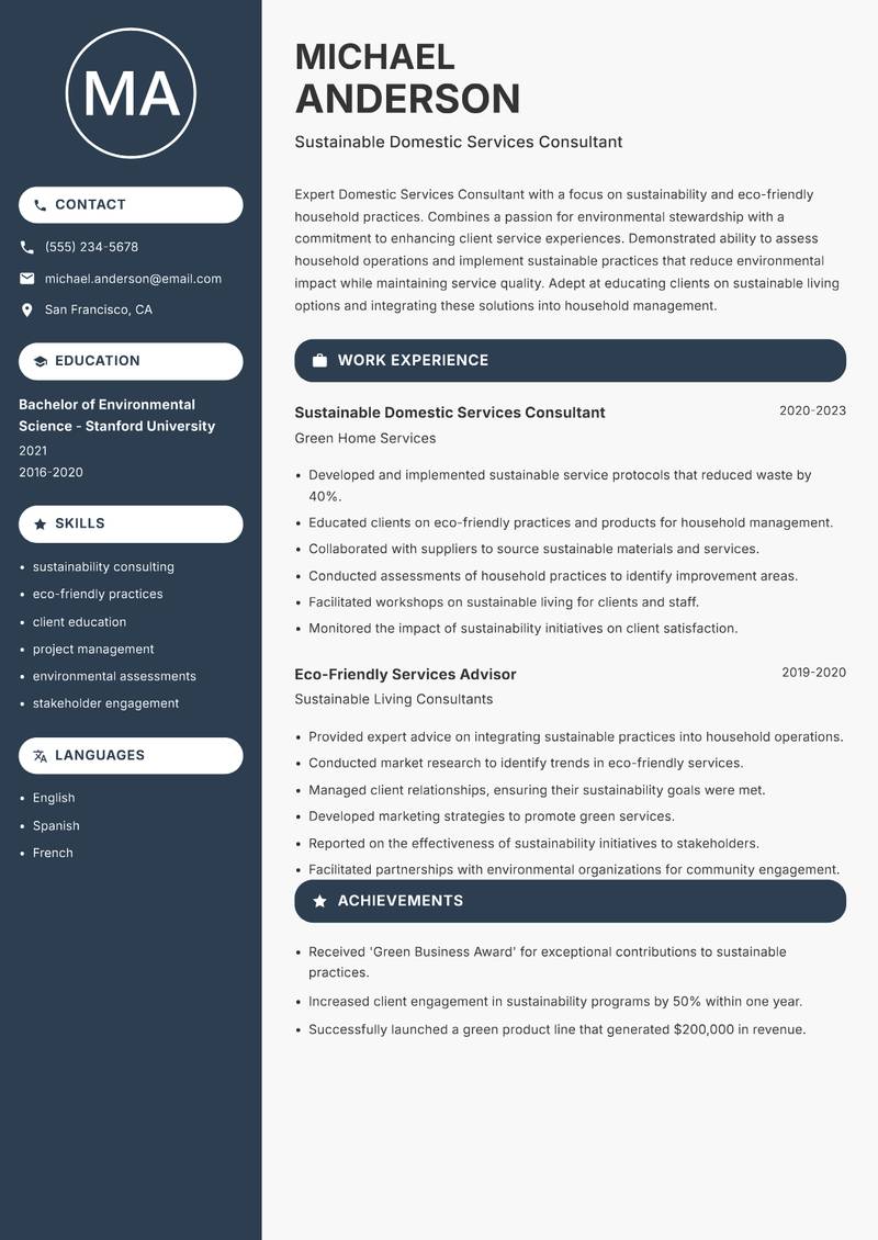 Domestic Services Consultant Resume Preview Example