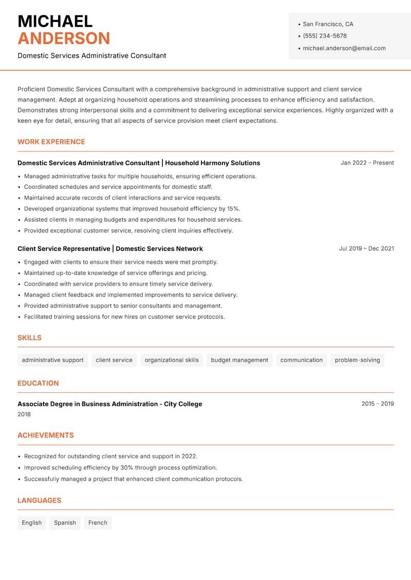Domestic Services Consultant Resume Template