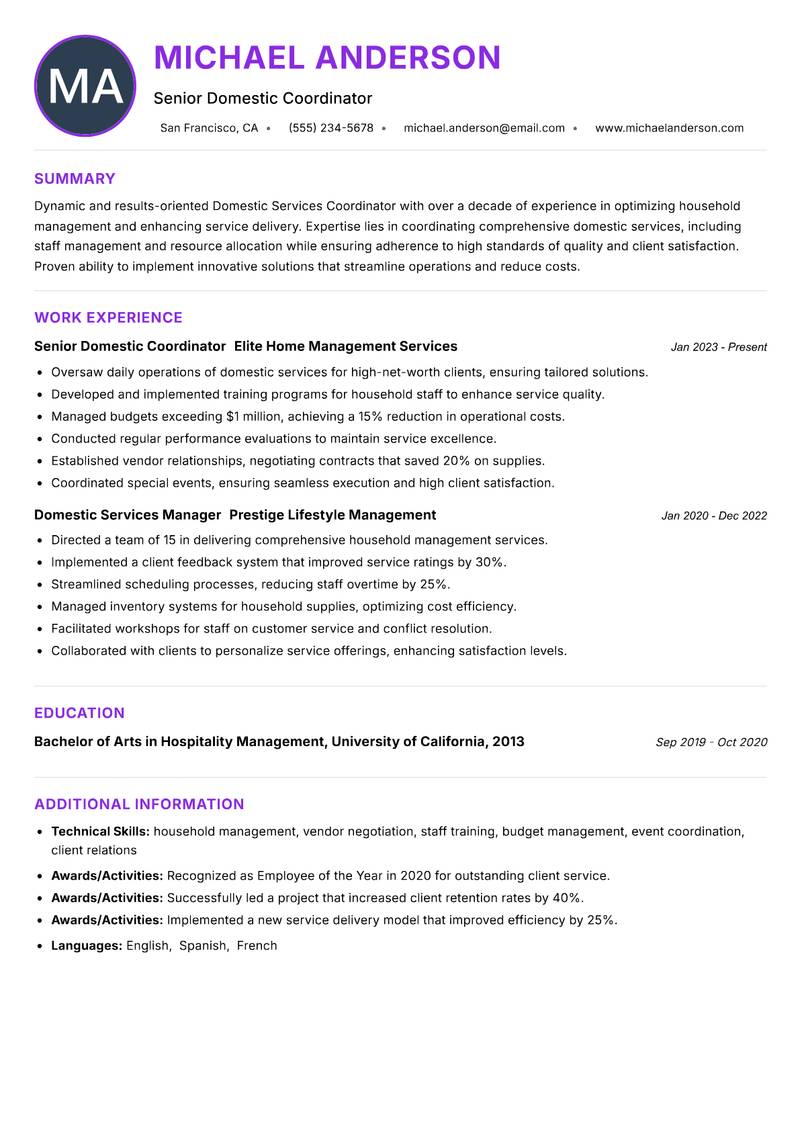Domestic Services Coordinator Resume Preview Example