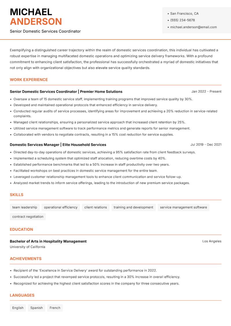 Domestic Services Coordinator Resume Template