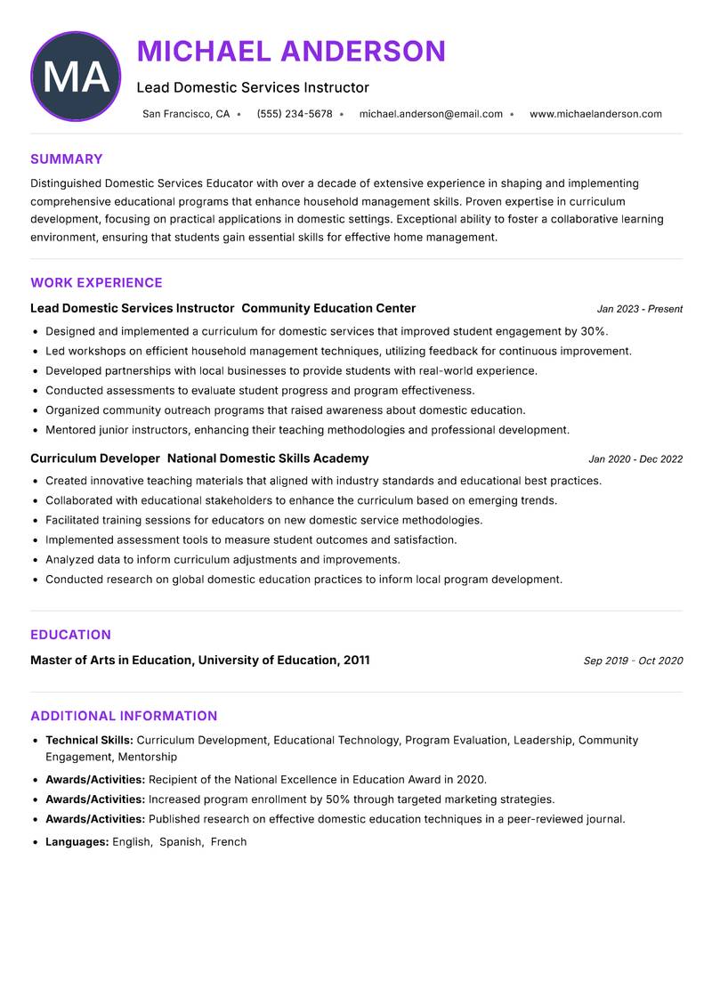 Domestic Services Educator Resume Preview Example
