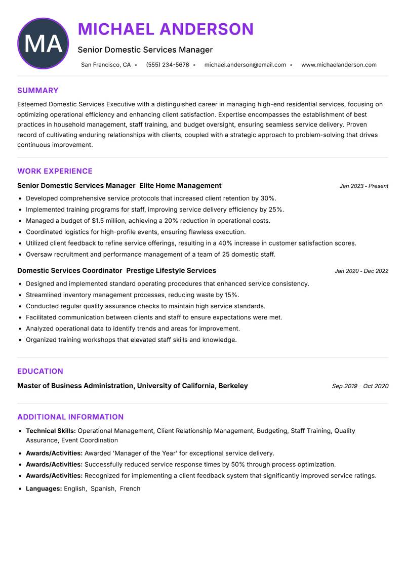 Domestic Services Executive Resume Preview Example