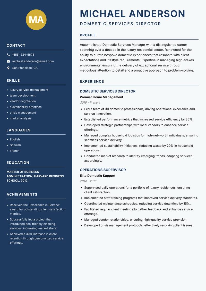Domestic Services Manager Resume Preview Example