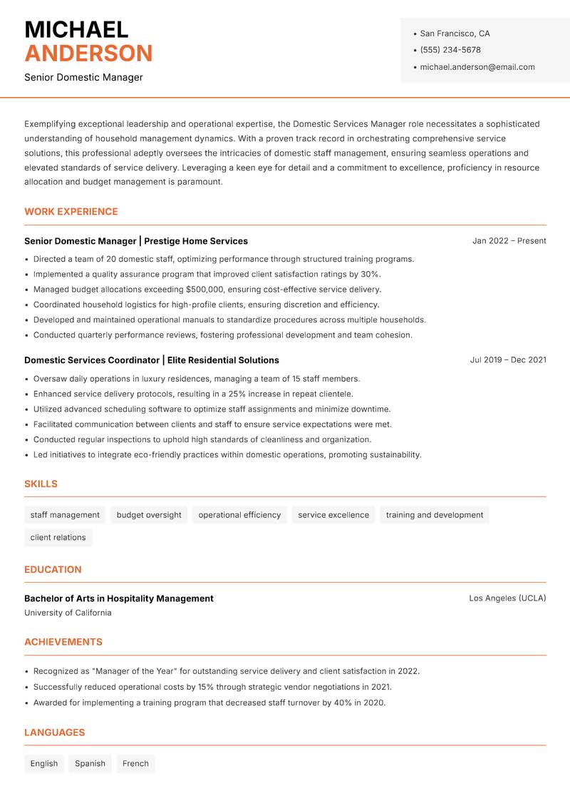 Domestic Services Manager Resume Template