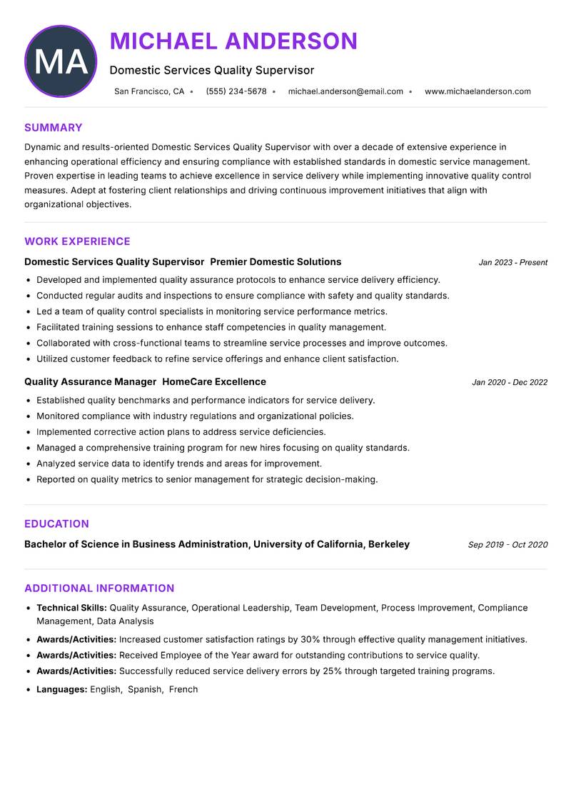 Domestic Services Quality Supervisor Resume Preview Example