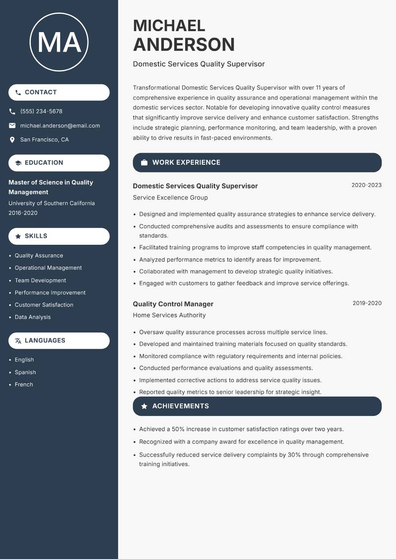 Domestic Services Quality Supervisor Resume Preview Example